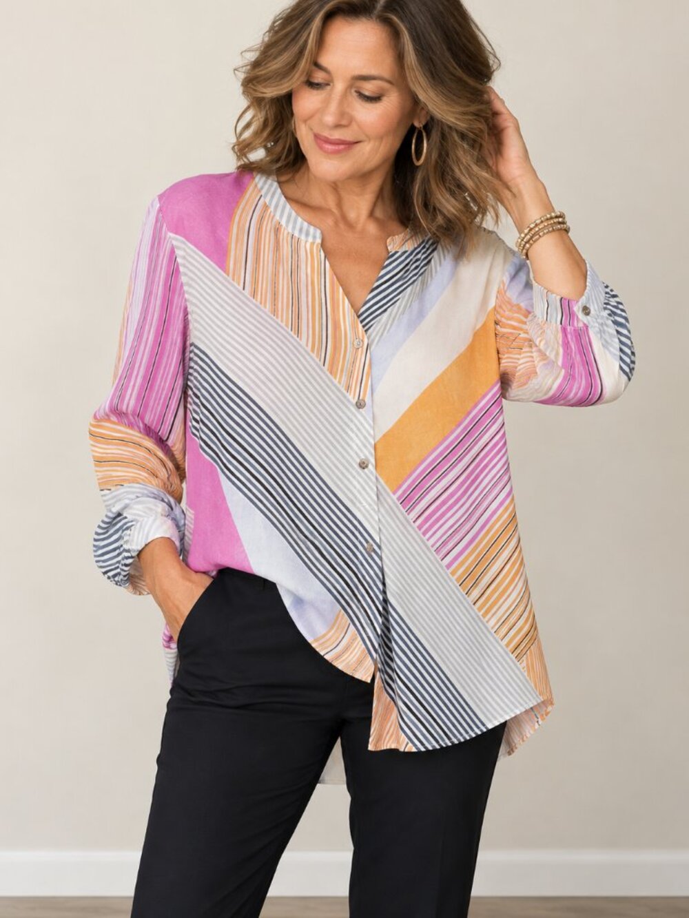 NIC+ZOE L Abstract Stripe Artsy Tunic Blouse Pink Orange Gray Long Sleeve